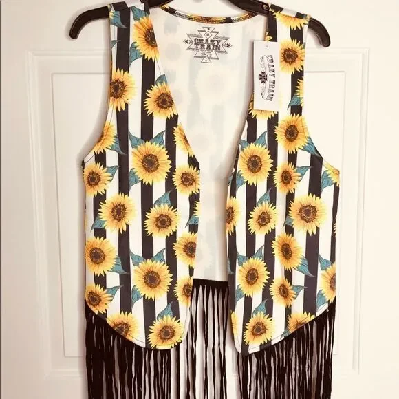 CRAZY TRAIN Sunflower Boho Fringe Vest Halloween M - Picture 11 of 12